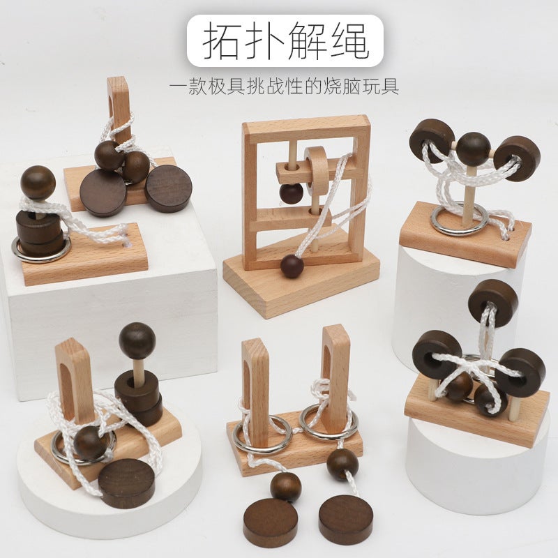 Wooden Topological Rope-Solving Educational Toy Column Series, Ring-Unlocking And Disassembly Fun Kongming Luban Lock - Image 2