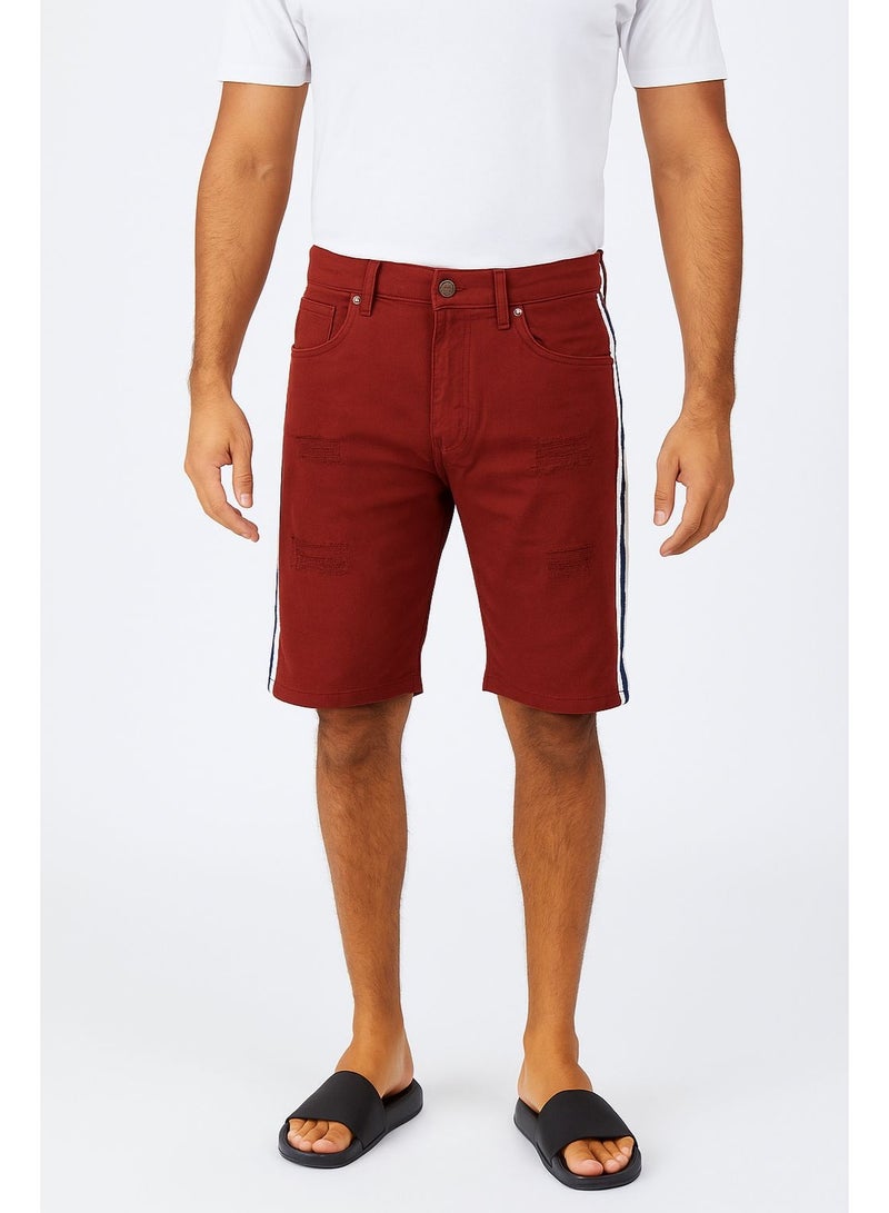 Zara Men’s Maroon Denim Shorts with Side Stripes – Slim Fit 4-Pocket Knee-Length Jeans - Image 1