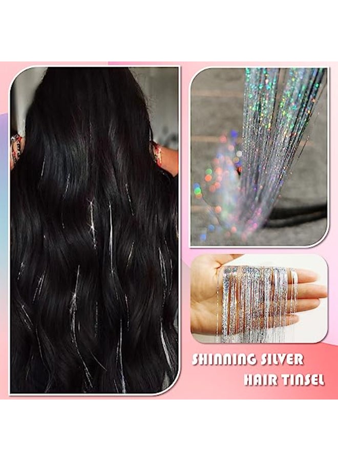 Fiwecos Silver Hair Tinsel Kit 48 Inches 1200 Strands with Tools and Instruction Easy to Install Fairy Glitter Tinsel Hair Extensions for Women and GirlsShinny Sparkling Braiding Hair Accessories for Halloween Cosplay Party - Image 3