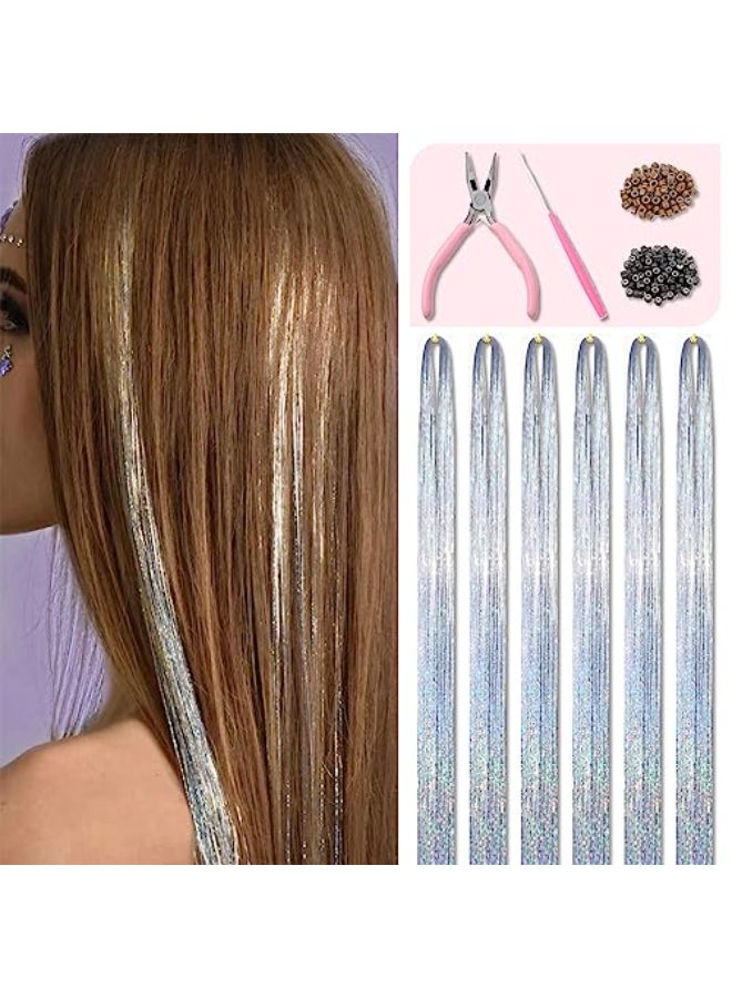 Fiwecos Silver Hair Tinsel Kit 48 Inches 1200 Strands with Tools and Instruction Easy to Install Fairy Glitter Tinsel Hair Extensions for Women and GirlsShinny Sparkling Braiding Hair Accessories for Halloween Cosplay Party - Image 1