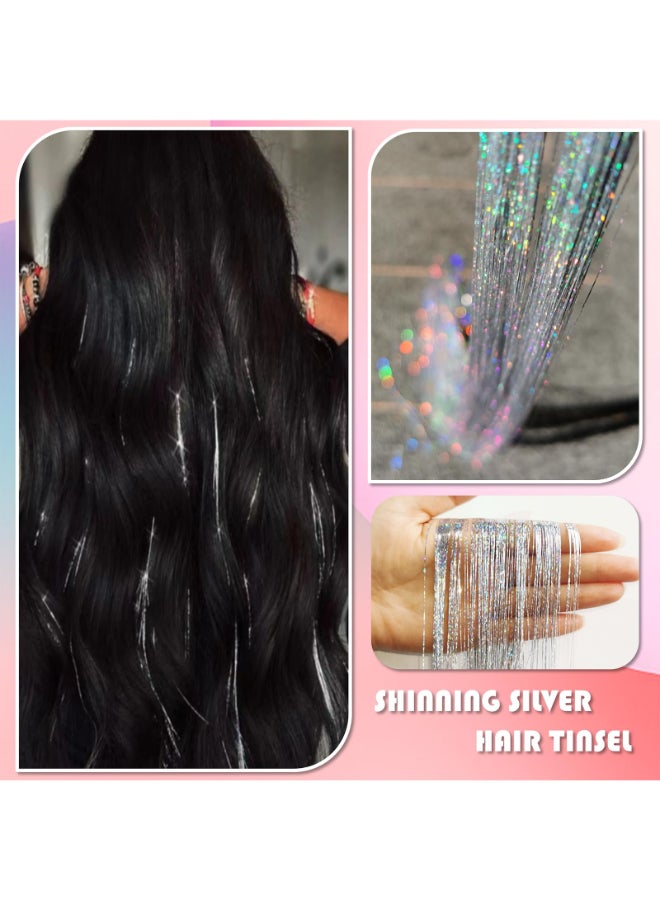 Fiwecos Silver Hair Tinsel Kit 48 Inches 1200 Strands with Tools and Instruction Easy to Install Fairy Glitter Tinsel Hair Extensions for Women and GirlsShinny Sparkling Braiding Hair Accessories for Halloween Cosplay Party - Image 4