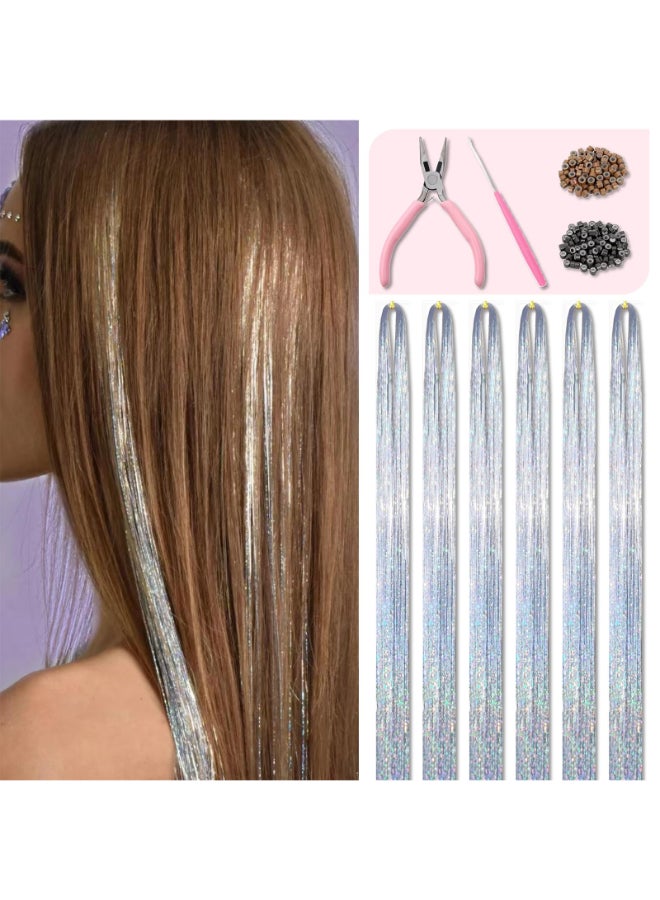 Fiwecos Silver Hair Tinsel Kit 48 Inches 1200 Strands with Tools and Instruction Easy to Install Fairy Glitter Tinsel Hair Extensions for Women and GirlsShinny Sparkling Braiding Hair Accessories for Halloween Cosplay Party - Image 2