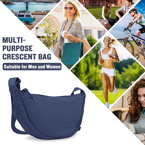 EVGLOW Nylon Crescent Crossbody Bag for Women Trendy Men,Small Travel Sling Bag Hobo,Lightweight Fanny Pack with Zipper Adjustable Strap,Round Soft Shoulder Pouch Bag for Everyday Use Sport(Small Dark Blue) - Image 5