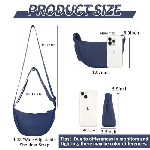 EVGLOW Nylon Crescent Crossbody Bag for Women Trendy Men,Small Travel Sling Bag Hobo,Lightweight Fanny Pack with Zipper Adjustable Strap,Round Soft Shoulder Pouch Bag for Everyday Use Sport(Small Dark Blue) - Image 2
