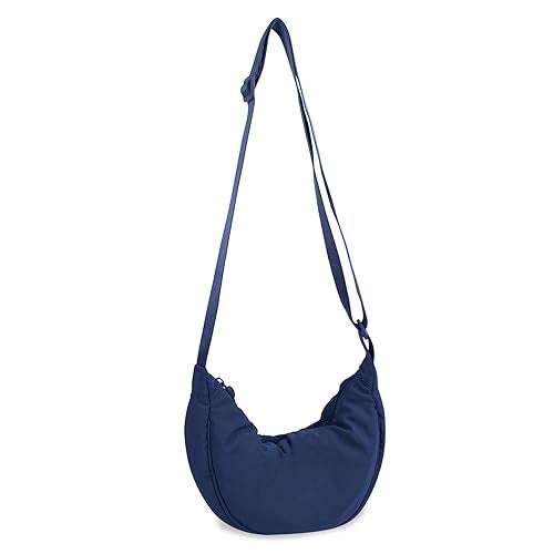 EVGLOW Nylon Crescent Crossbody Bag for Women Trendy Men,Small Travel Sling Bag Hobo,Lightweight Fanny Pack with Zipper Adjustable Strap,Round Soft Shoulder Pouch Bag for Everyday Use Sport(Small Dark Blue) - Image 1