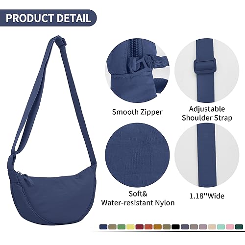 EVGLOW Nylon Crescent Crossbody Bag for Women Trendy Men,Small Travel Sling Bag Hobo,Lightweight Fanny Pack with Zipper Adjustable Strap,Round Soft Shoulder Pouch Bag for Everyday Use Sport(Small Dark Blue) - Image 3