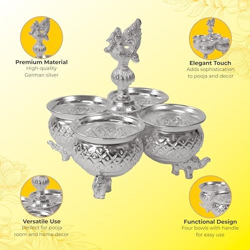 POSHIFY German Silver Kumkum-Haldi Holder - Four Attached Bowls and Handle, Sindoor-Turmeric, Pooja Room, Temple Decoration, Silverware, Puja Samagri, Diwali Gift, Wedding Gift - 1281 - Image 4