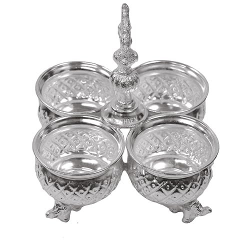 POSHIFY German Silver Kumkum-Haldi Holder - Four Attached Bowls and Handle, Sindoor-Turmeric, Pooja Room, Temple Decoration, Silverware, Puja Samagri, Diwali Gift, Wedding Gift - 1281 - Image 1