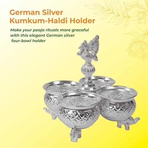 POSHIFY German Silver Kumkum-Haldi Holder - Four Attached Bowls and Handle, Sindoor-Turmeric, Pooja Room, Temple Decoration, Silverware, Puja Samagri, Diwali Gift, Wedding Gift - 1281 - Image 3