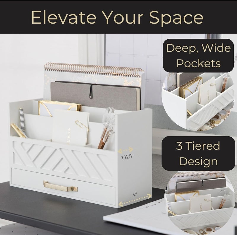 Blu Monaco White Wooden Mail Organizer With Drawer and Gold Handle | Desktop Storage for Home Office and Classroom | Multi-Section Letter Sorter | 4.6”D x 12.4”W x 7.5”H Tabletop Accessory Holder - Image 3