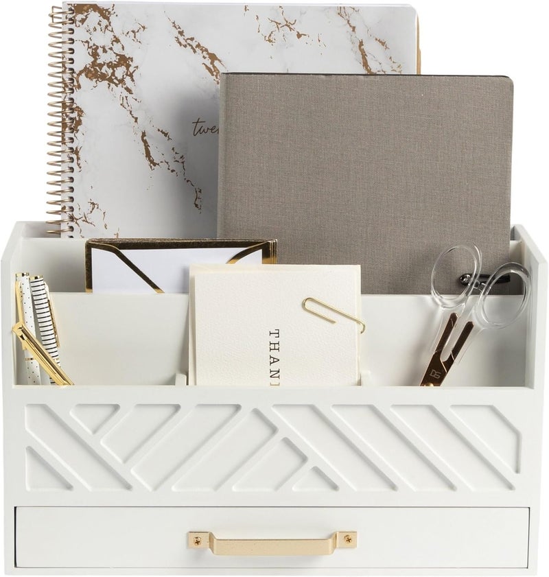 Blu Monaco White Wooden Mail Organizer With Drawer and Gold Handle | Desktop Storage for Home Office and Classroom | Multi-Section Letter Sorter | 4.6”D x 12.4”W x 7.5”H Tabletop Accessory Holder - Image 1