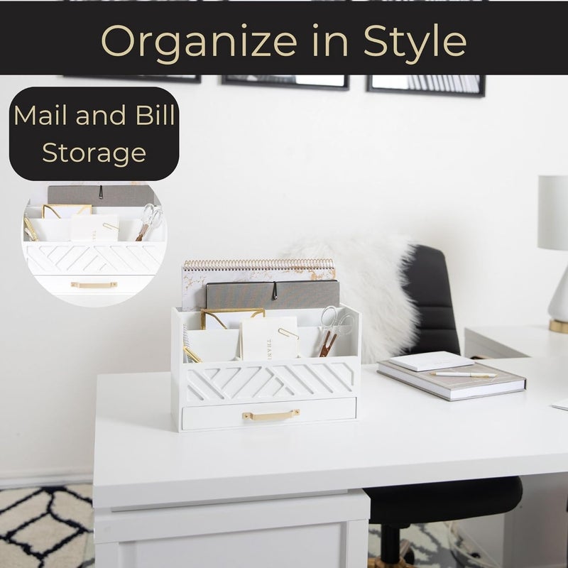 Blu Monaco White Wooden Mail Organizer With Drawer and Gold Handle | Desktop Storage for Home Office and Classroom | Multi-Section Letter Sorter | 4.6”D x 12.4”W x 7.5”H Tabletop Accessory Holder - Image 2