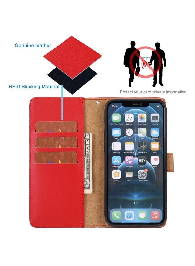 Case Cover For iPhone 12 / 12 Pro Plain Weave Cowhide Genuine Leather Phone Case(Red)