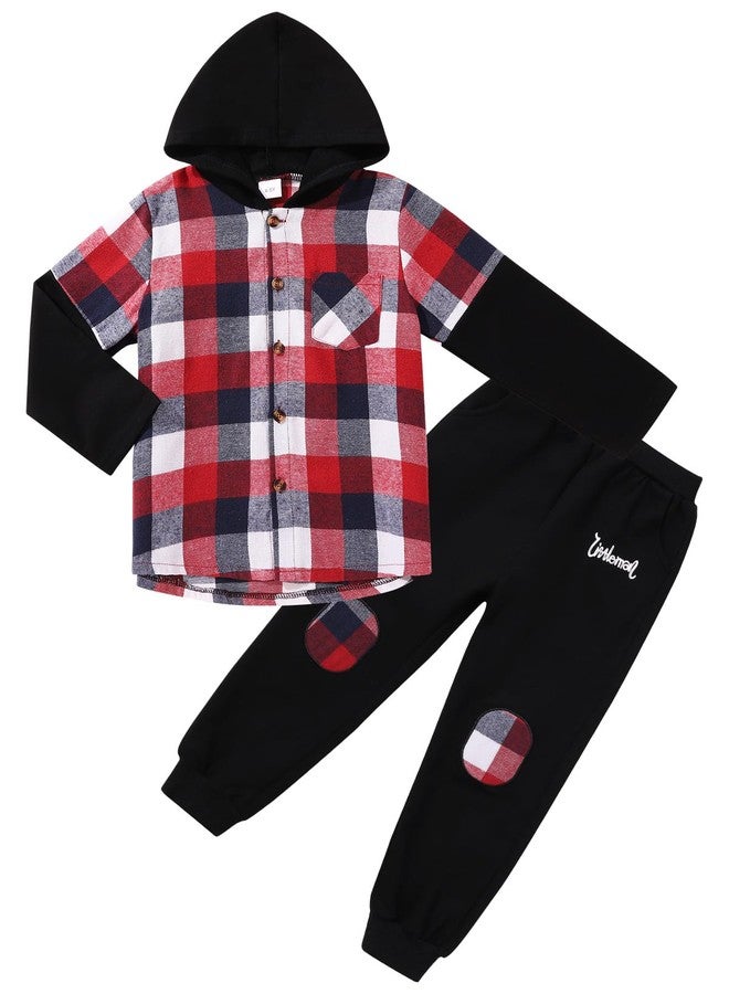 ESHOO Toddler Boys Fall Clothes Long Sleeve Hoody Plaid Sweatshirt Top + Sweatpants Long Pants 2-Piece Kids Winter Outfits - Image 1