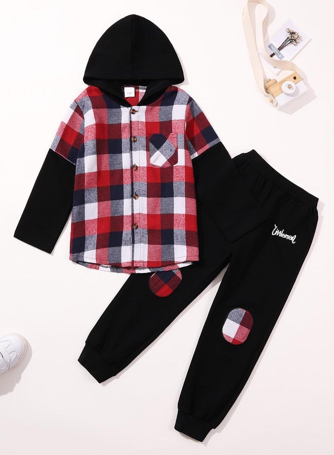 ESHOO Toddler Boys Fall Clothes Long Sleeve Hoody Plaid Sweatshirt Top + Sweatpants Long Pants 2-Piece Kids Winter Outfits - Image 3