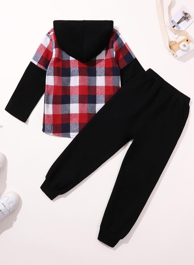ESHOO Toddler Boys Fall Clothes Long Sleeve Hoody Plaid Sweatshirt Top + Sweatpants Long Pants 2-Piece Kids Winter Outfits - Image 2