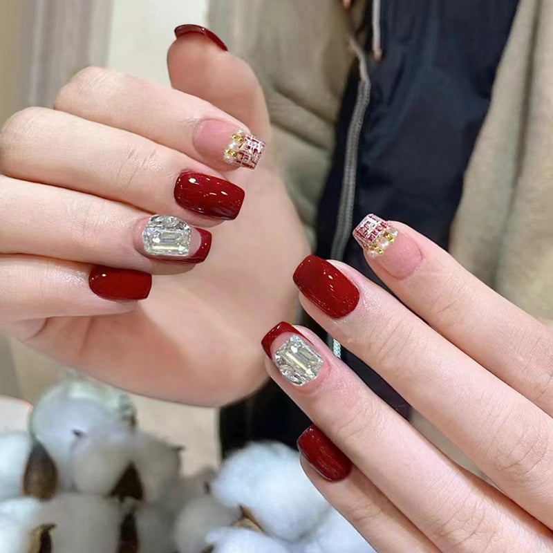 Red Nail Pieces Christmas Wedding New Year Bride Nail Art Festive Wine Red Cherry Red White Red Crisp Dress Armor - Image 3