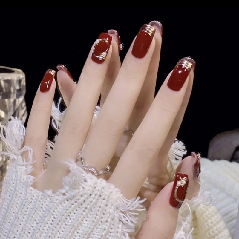 Red Nail Pieces Christmas Wedding New Year Bride Nail Art Festive Wine Red Cherry Red White Red Crisp Dress Armor - Image 4