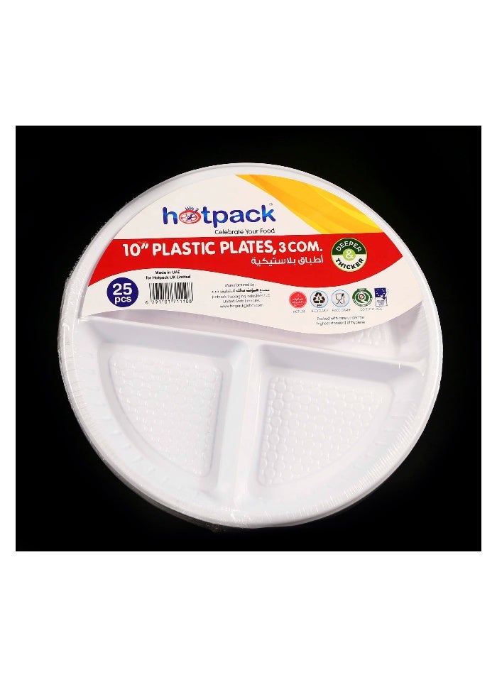 Hotpack 10-inch Plastic Plates with 3 Compartments – 25 Pieces