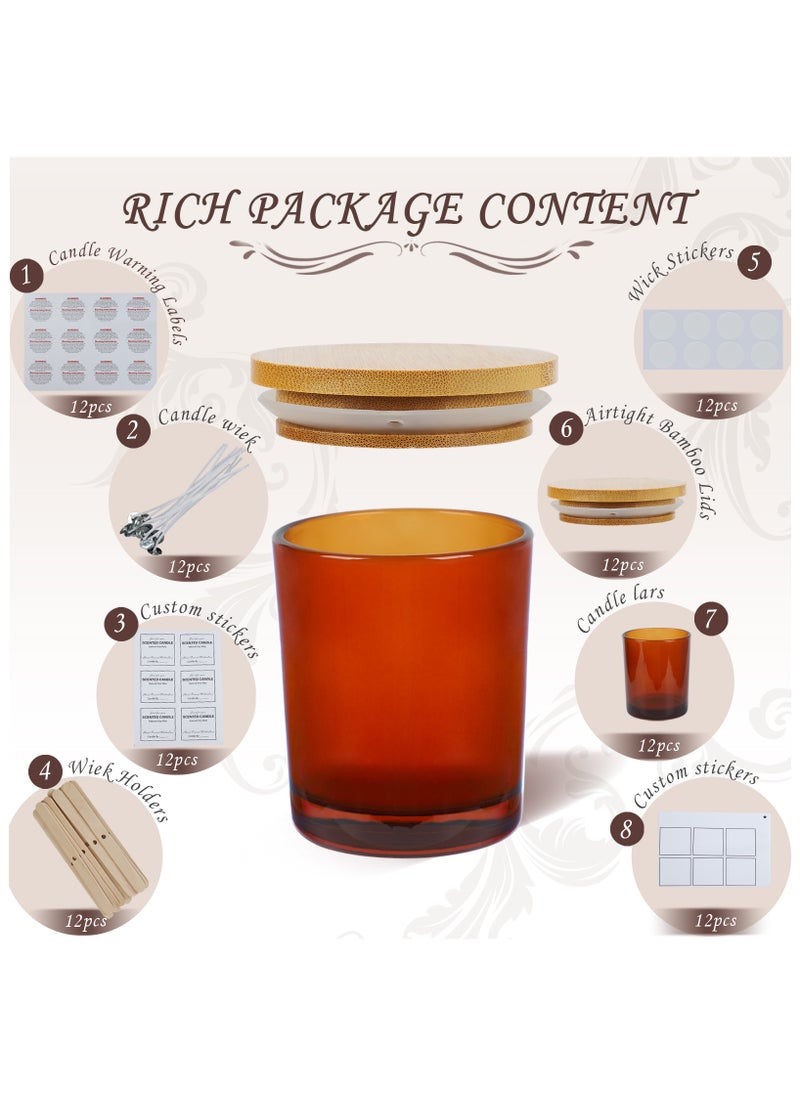 SKYLINK 12 Pack 8oz Brown Glass Candle Jars with Bamboo Lids – Complete DIY Candle Making Kit with Wicks, Wick Stickers, Wick Holders & 2 Sets of Labels (Custom & Blank) for Candle Crafting  - Image 3