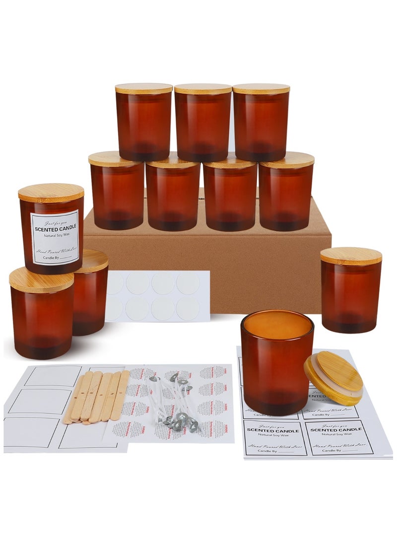 SKYLINK 12 Pack 8oz Brown Glass Candle Jars with Bamboo Lids – Complete DIY Candle Making Kit with Wicks, Wick Stickers, Wick Holders & 2 Sets of Labels (Custom & Blank) for Candle Crafting  - Image 1