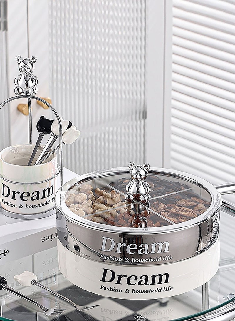 Merry Moments Divided Serving Tray Dried Fruits Nuts Spices Tray with Lid 2 Tiered Snack Candy Tray Food Storage Containers for Home Office kitchen Pantry White and Silver Colour Porcelain W22xL22xH16.5 cm - Image 2