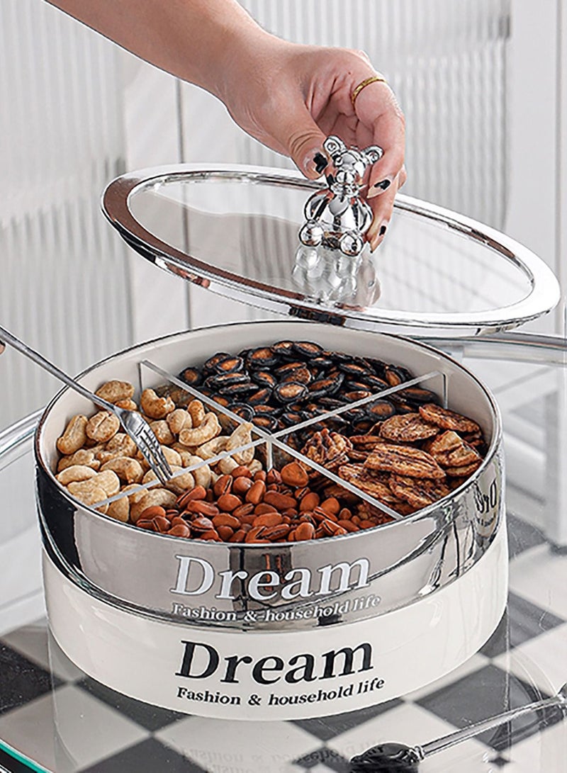 Merry Moments Divided Serving Tray Dried Fruits Nuts Spices Tray with Lid 2 Tiered Snack Candy Tray Food Storage Containers for Home Office kitchen Pantry White and Silver Colour Porcelain W22xL22xH16.5 cm - Image 1