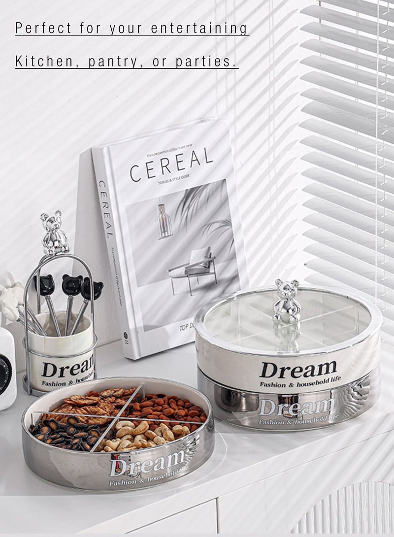 Merry Moments Divided Serving Tray Dried Fruits Nuts Spices Tray with Lid 2 Tiered Snack Candy Tray Food Storage Containers for Home Office kitchen Pantry White and Silver Colour Porcelain W22xL22xH16.5 cm - Image 4