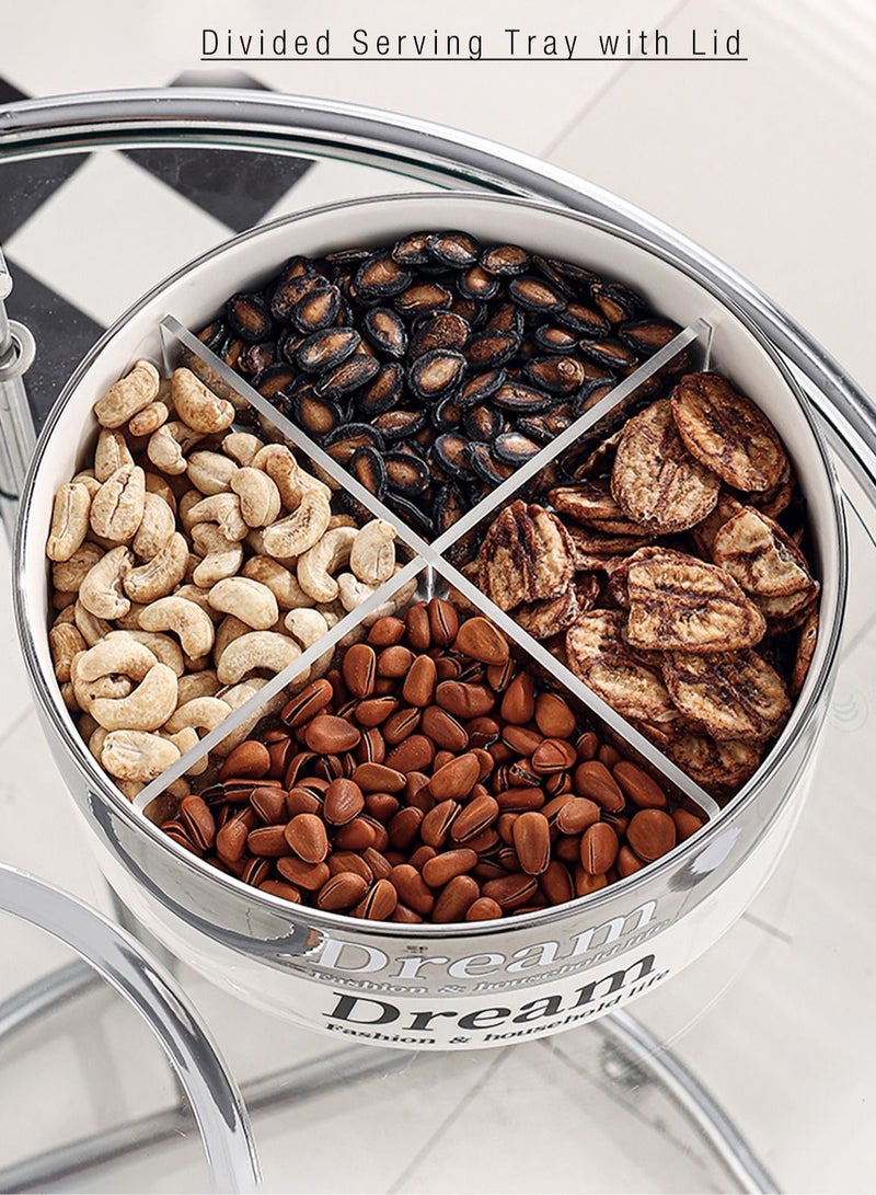 Merry Moments Divided Serving Tray Dried Fruits Nuts Spices Tray with Lid 2 Tiered Snack Candy Tray Food Storage Containers for Home Office kitchen Pantry White and Silver Colour Porcelain W22xL22xH16.5 cm - Image 5