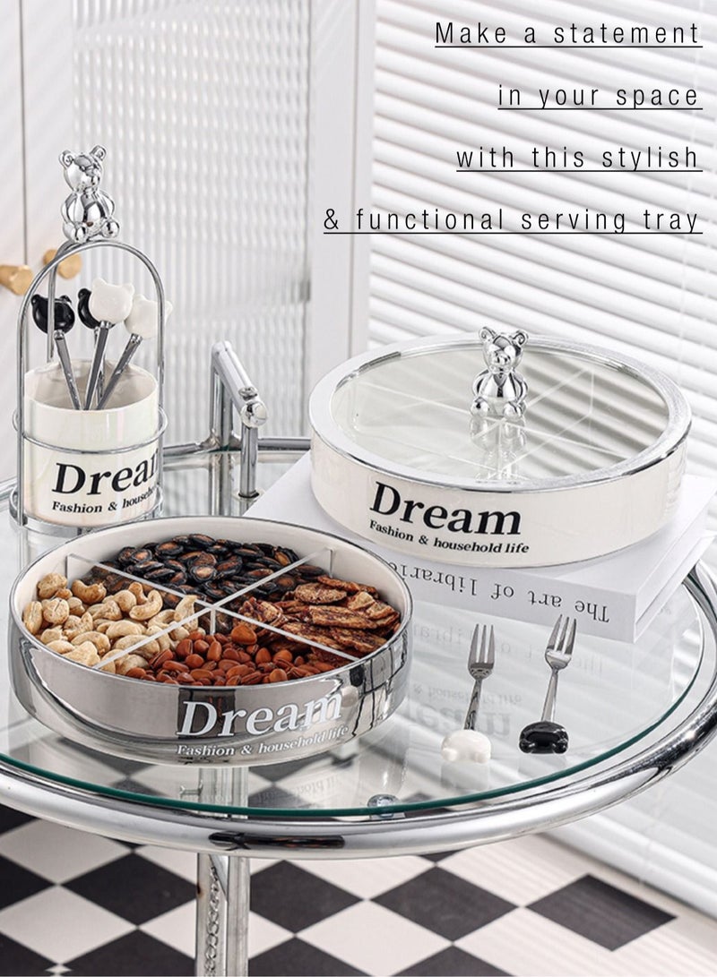 Merry Moments Divided Serving Tray Dried Fruits Nuts Spices Tray with Lid 2 Tiered Snack Candy Tray Food Storage Containers for Home Office kitchen Pantry White and Silver Colour Porcelain W22xL22xH16.5 cm - Image 3