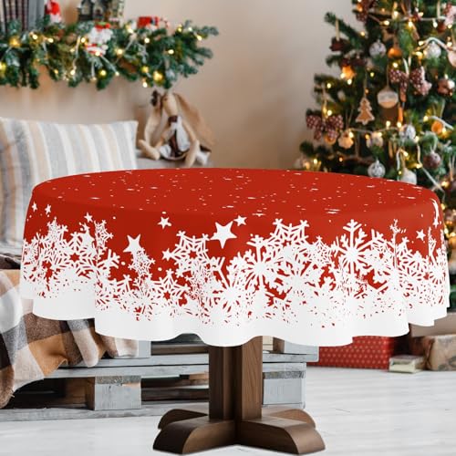 YOSTEV Christmas Tablecloth 60 Round Red Snowflakes Christmas Theme Table Cloth Spillproof Washable Fabric Cloth Table Cover for Home Kitchen Dinning Room Holiday Party Dcor - Image 1