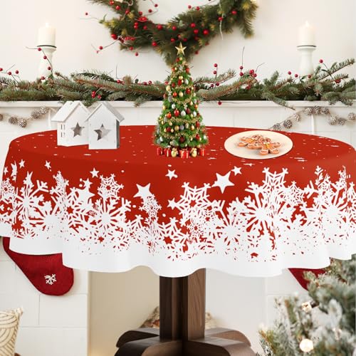 YOSTEV Christmas Tablecloth 60 Round Red Snowflakes Christmas Theme Table Cloth Spillproof Washable Fabric Cloth Table Cover for Home Kitchen Dinning Room Holiday Party Dcor - Image 3