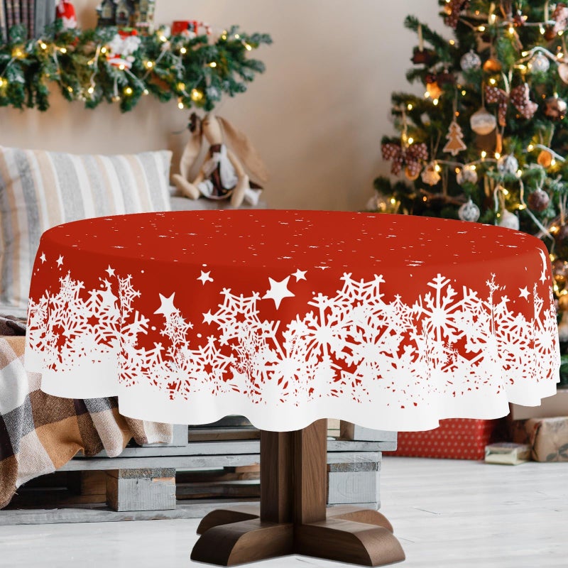 YOSTEV Christmas Tablecloth 60 Round Red Snowflakes Christmas Theme Table Cloth Spillproof Washable Fabric Cloth Table Cover for Home Kitchen Dinning Room Holiday Party Dcor - Image 2