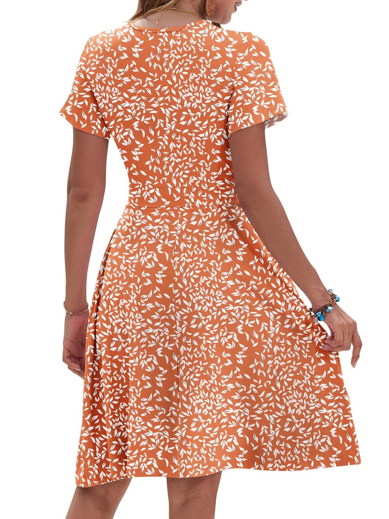 AUSELILY Orange Dress Knee Length Short Sleeve A-Line V Neck Cocktail Dress with Pockets, Orange Leaves L - Image 4