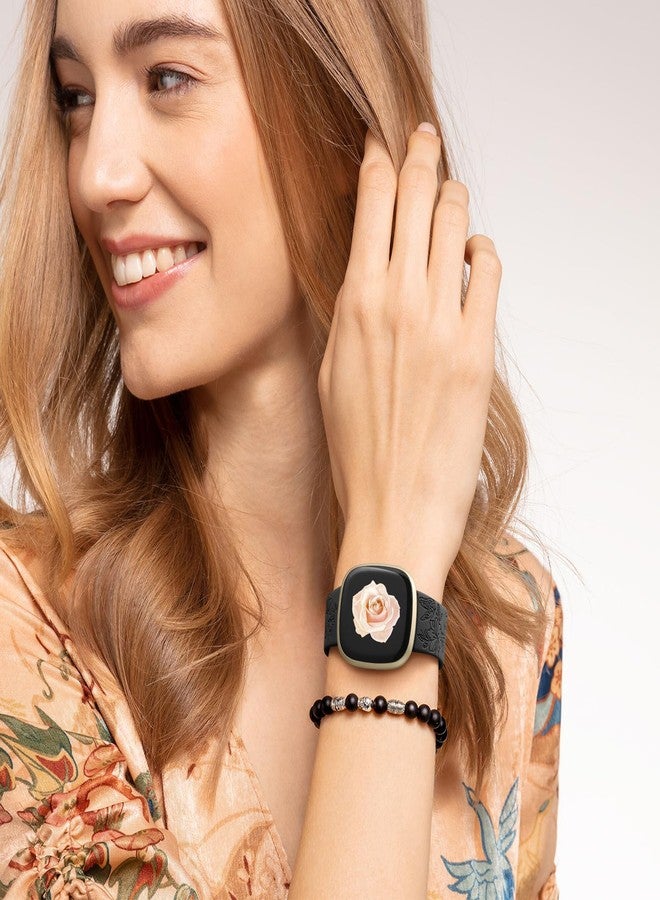 Getino Engraved Band Compatible with Fitbit Versa 4 Bands for Woman/Versa 3 Bands & Fitbit Sense 2 Bands/Sense Bands, Soft Floral Pattern Sport Accessories for Sense/Sense 2/Versa 4/3 Watch, Black - Image 3