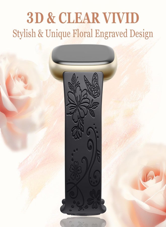 Getino Engraved Band Compatible with Fitbit Versa 4 Bands for Woman/Versa 3 Bands & Fitbit Sense 2 Bands/Sense Bands, Soft Floral Pattern Sport Accessories for Sense/Sense 2/Versa 4/3 Watch, Black - Image 2