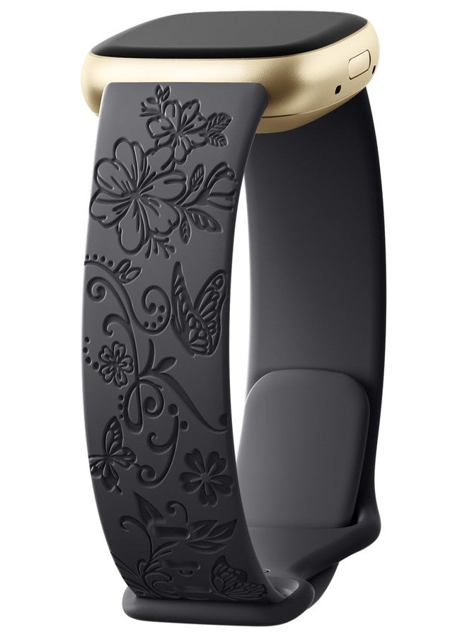 Getino Engraved Band Compatible with Fitbit Versa 4 Bands for Woman/Versa 3 Bands & Fitbit Sense 2 Bands/Sense Bands, Soft Floral Pattern Sport Accessories for Sense/Sense 2/Versa 4/3 Watch, Black - Image 1