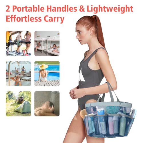 F-color Mesh Shower Caddy Portable - Navy Blue, Upgrade Deeper 7 Pockets Shower Bag Basket Tote for College Dorm Room Toiletry Bathroom Essentials Gym Camp Quick Dry 2 handles with S Hook - Image 4