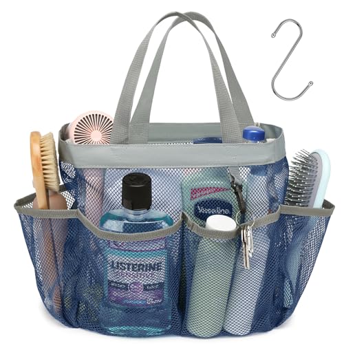 F-color Mesh Shower Caddy Portable - Navy Blue, Upgrade Deeper 7 Pockets Shower Bag Basket Tote for College Dorm Room Toiletry Bathroom Essentials Gym Camp Quick Dry 2 handles with S Hook - Image 1
