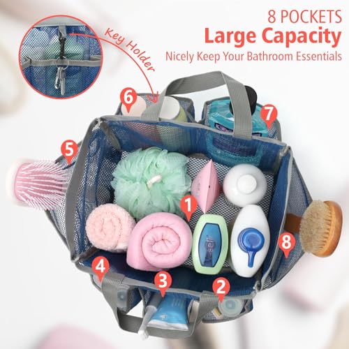 F-color Mesh Shower Caddy Portable - Navy Blue, Upgrade Deeper 7 Pockets Shower Bag Basket Tote for College Dorm Room Toiletry Bathroom Essentials Gym Camp Quick Dry 2 handles with S Hook - Image 2