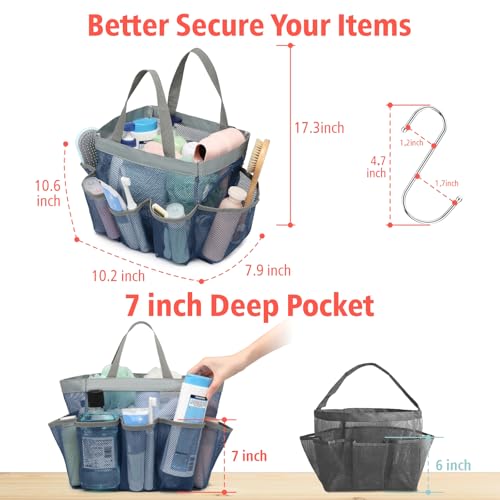 F-color Mesh Shower Caddy Portable - Navy Blue, Upgrade Deeper 7 Pockets Shower Bag Basket Tote for College Dorm Room Toiletry Bathroom Essentials Gym Camp Quick Dry 2 handles with S Hook - Image 5