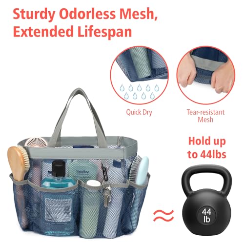 F-color Mesh Shower Caddy Portable - Navy Blue, Upgrade Deeper 7 Pockets Shower Bag Basket Tote for College Dorm Room Toiletry Bathroom Essentials Gym Camp Quick Dry 2 handles with S Hook - Image 3