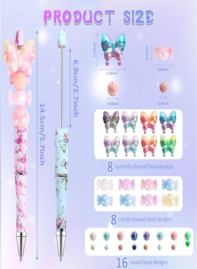 holoith 8 Set Butterfly Flower Beadable Pens Kit, Pen Making Kit with Beads and Refills, Black Ink Ballpoint Smooth Writing, Gift for Diy Present Students Teens School Office Supplies - Image 3