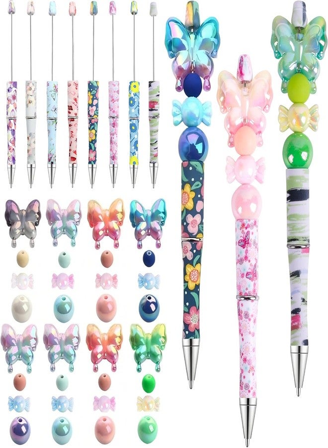holoith 8 Set Butterfly Flower Beadable Pens Kit, Pen Making Kit with Beads and Refills, Black Ink Ballpoint Smooth Writing, Gift for Diy Present Students Teens School Office Supplies - Image 1