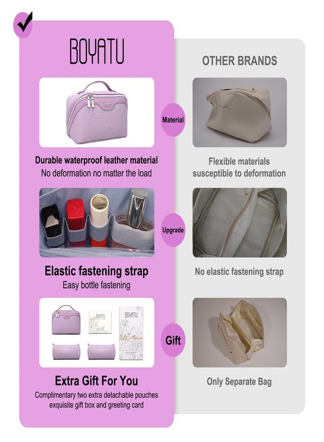 BOYATU Travel Makeup Bag Organizer Cosmetic Bag: 3 Pcs Set Make up Bags for Women with Handle - Waterproof Vegan Leather Toiletry Bags Travel Essentials Pouch with Compartments (C-01-Purple) - Image 2