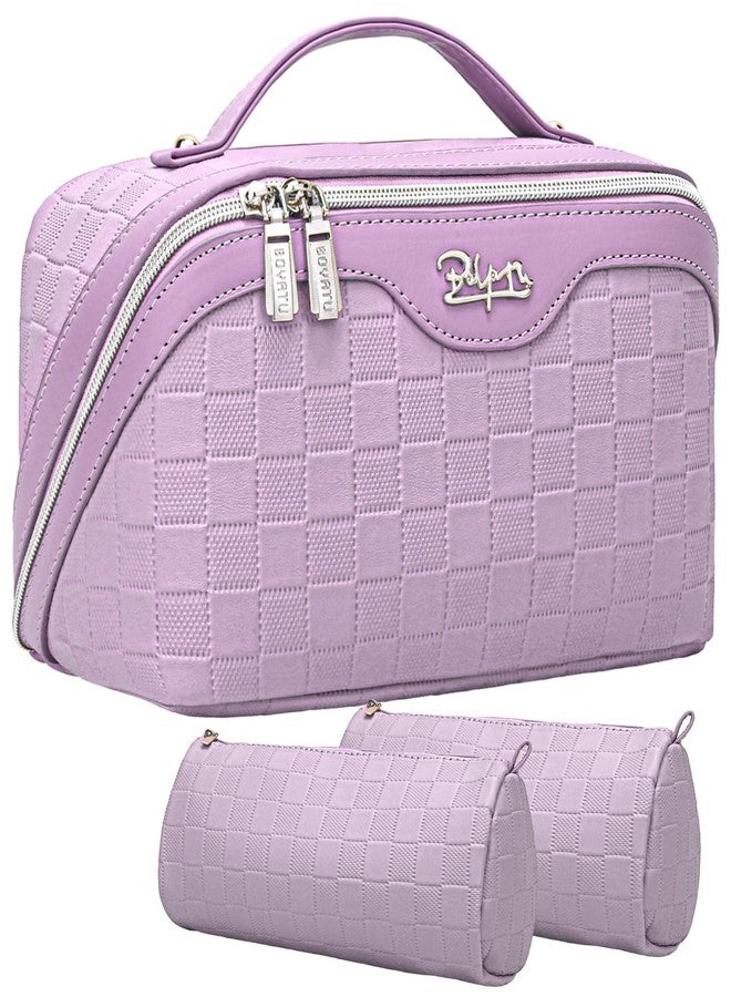 BOYATU Travel Makeup Bag Organizer Cosmetic Bag: 3 Pcs Set Make up Bags for Women with Handle - Waterproof Vegan Leather Toiletry Bags Travel Essentials Pouch with Compartments (C-01-Purple) - Image 1