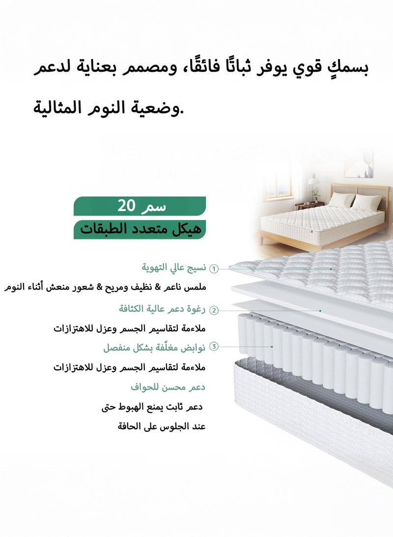 يانارا مرتبة سوست منفصلة مقاس 120×200 سم / 160×200 سم / 180×200 سم – بسماكة إضافية 20 سم، مرونة عالية، نوابض مستقلة لتوزيع ضغط الجسم، قابلة للتنفس، هادئة، متينة، لا تهبط، مع تعبئة مضغوطة - Image 2