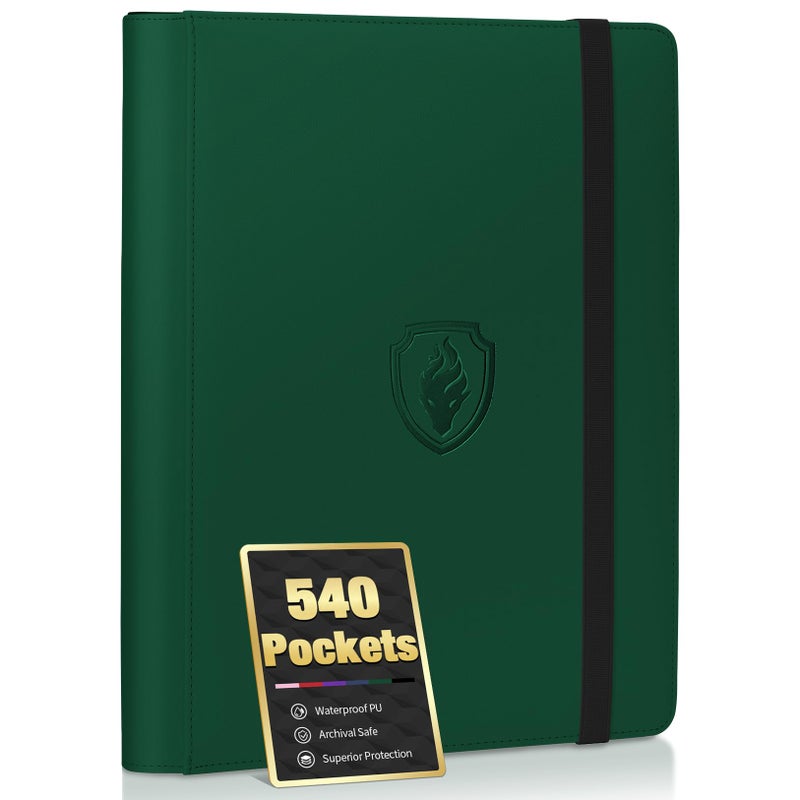 Fabmaker Premium 9 Pocket Card Binder for 540 Cards, Fabmaker PU Cover Trading Card Binder, Sturdy Card Collection Album, Sleek Card Holder Folders for Game Cards & Sports Cards, Dark Green - Image 1