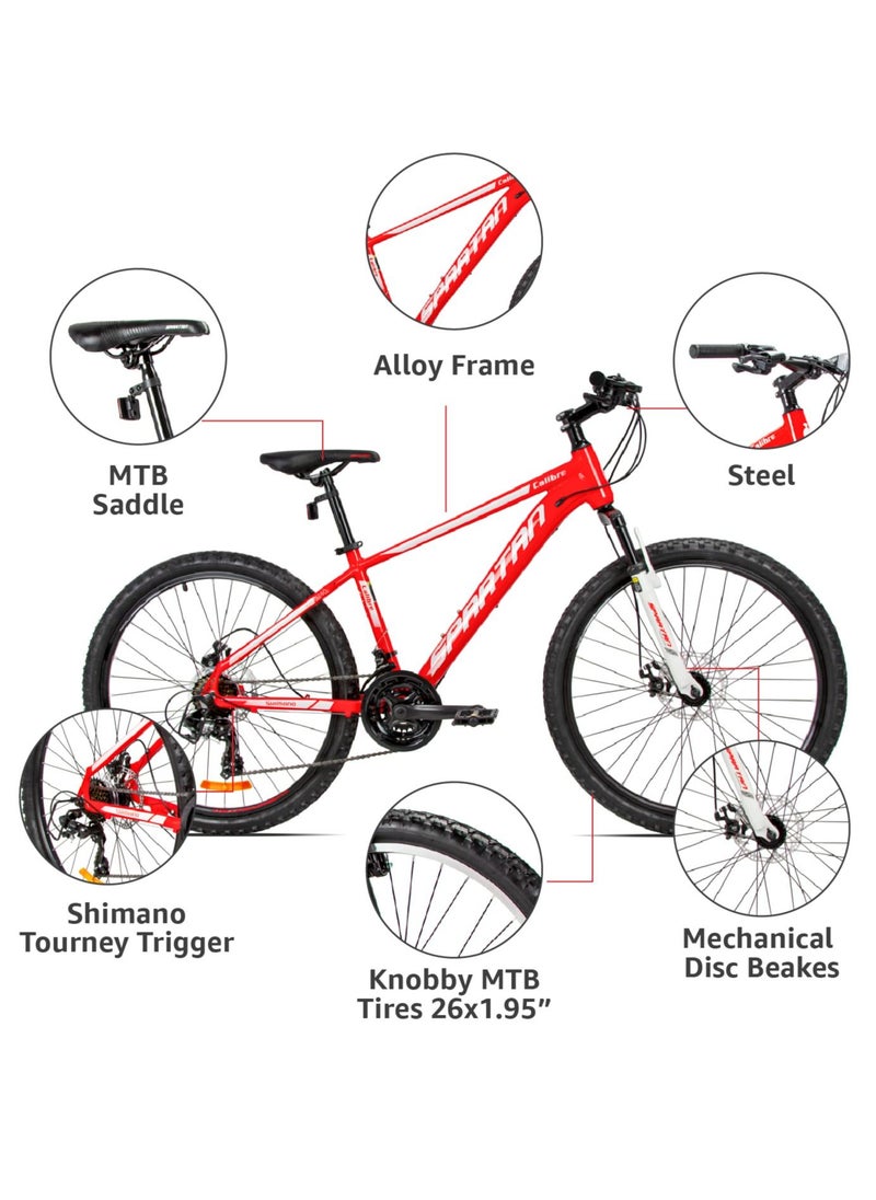 Spartan - Calibre Hardtail Mountain Bicycle Lightweight Alloy Frame & Rims | Gear Disc Brakes | Front Suspension Bike And Shimano Shifters| Flame Red Size - 26 Inches - Image 1