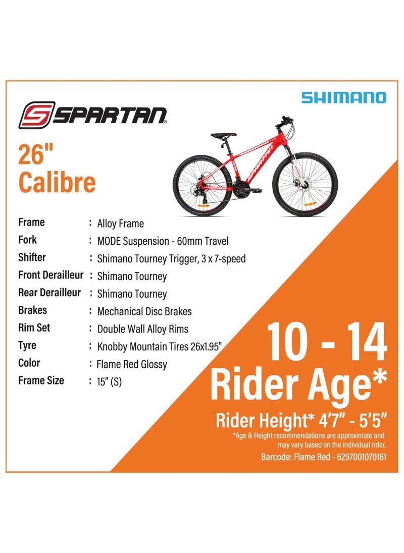 Spartan - Calibre Hardtail Mountain Bicycle Lightweight Alloy Frame & Rims | Gear Disc Brakes | Front Suspension Bike And Shimano Shifters| Flame Red Size - 26 Inches - Image 1